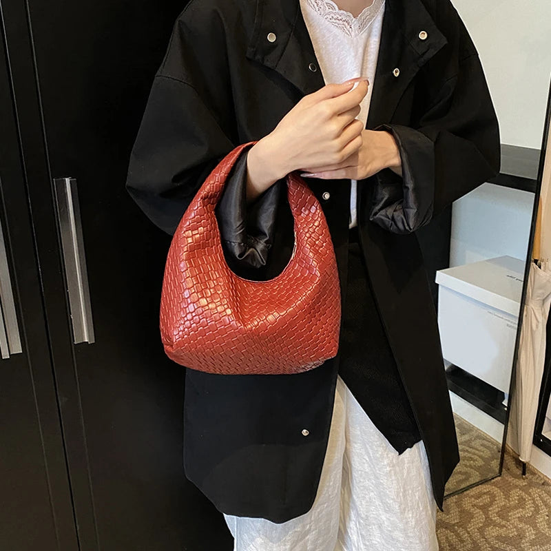 Classic Woven Embossed Hobo Soft PU Leather Small Bag