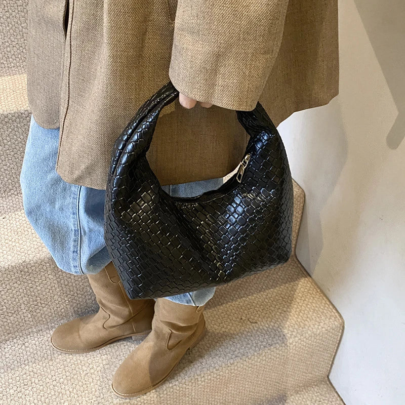 Classic Woven Embossed Hobo Soft PU Leather Small Bag